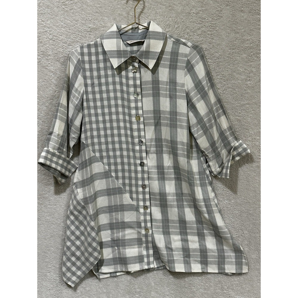 Soft Surrounding Huntleigh Plaid Tunic Shirt Twill Gray Silver XS Top Buttons